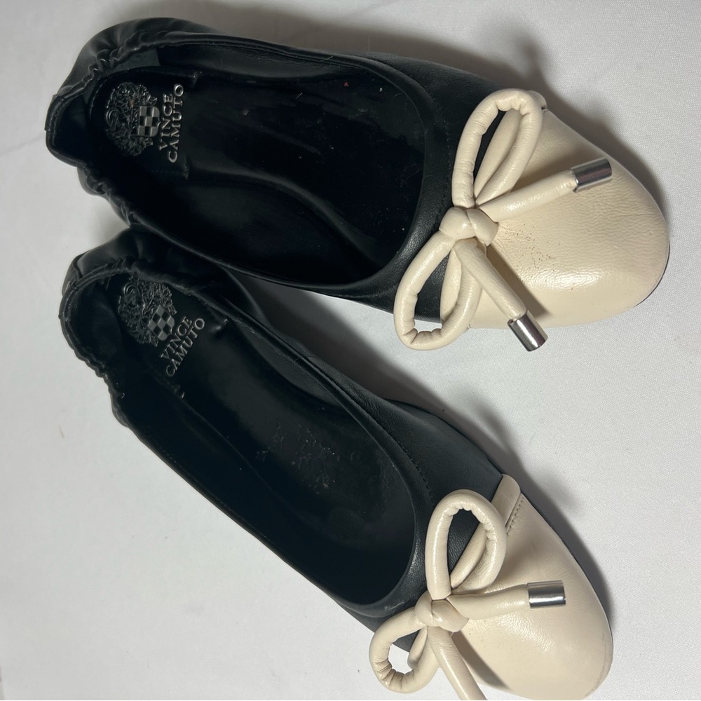 Vince Camuto Black and Cream Ballet Flats with Bow Detail
